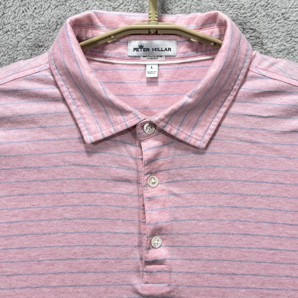 Peter Millar Polo Shirt Mens Large Pink Blue Crown Cool Striped Performance Golf - Picture 1 of 8